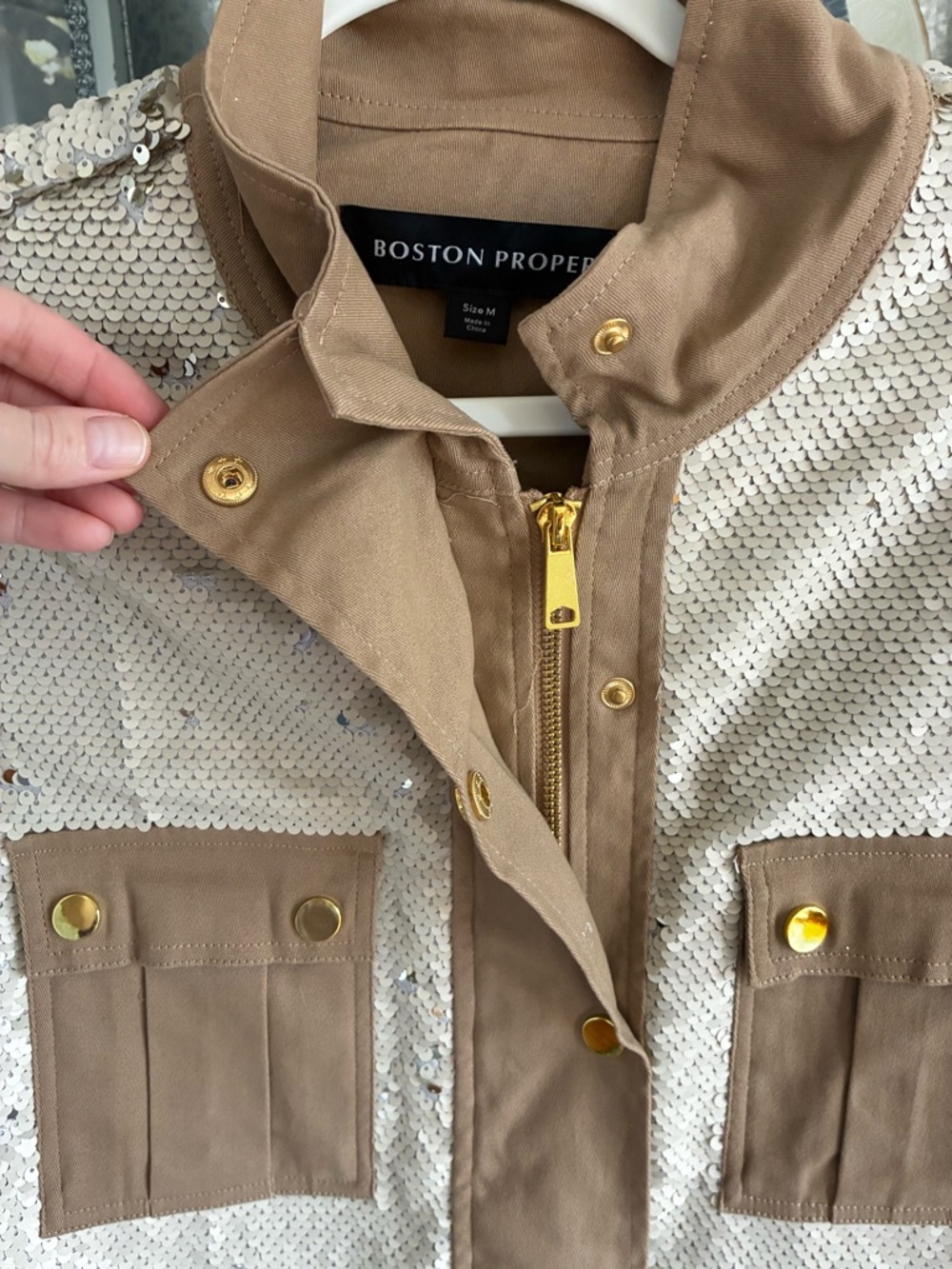 NWT Boston Proper Cream Sequin Front Utility Jacket with Brown Trim Med - Picture 4 of 12